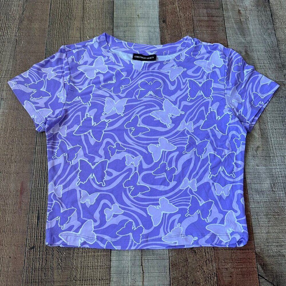 Streetwear Society XL Purple Butterfly Print Crop Top 92% Polyester 8% Spandex